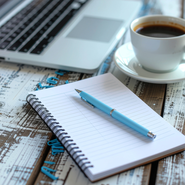 Notizblock, Laptop und Kaffee